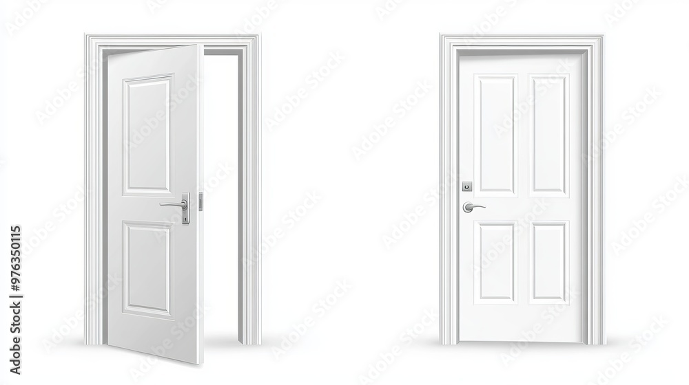 Creative vector illustration of open and closed doors depicting realistic entrances and white doorways Abstract concept showing open and closed house elements isolated on a white Creative vector illustration of open and closed doors depicting realistic entrances and white doorways Abstract concept showing open and closed house elements isolated on a white