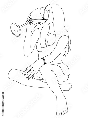 Female drinking from a big wine glass simple continuous line vector illustration. Hand drawn doodle outline young woman sitting and drinking from glass.