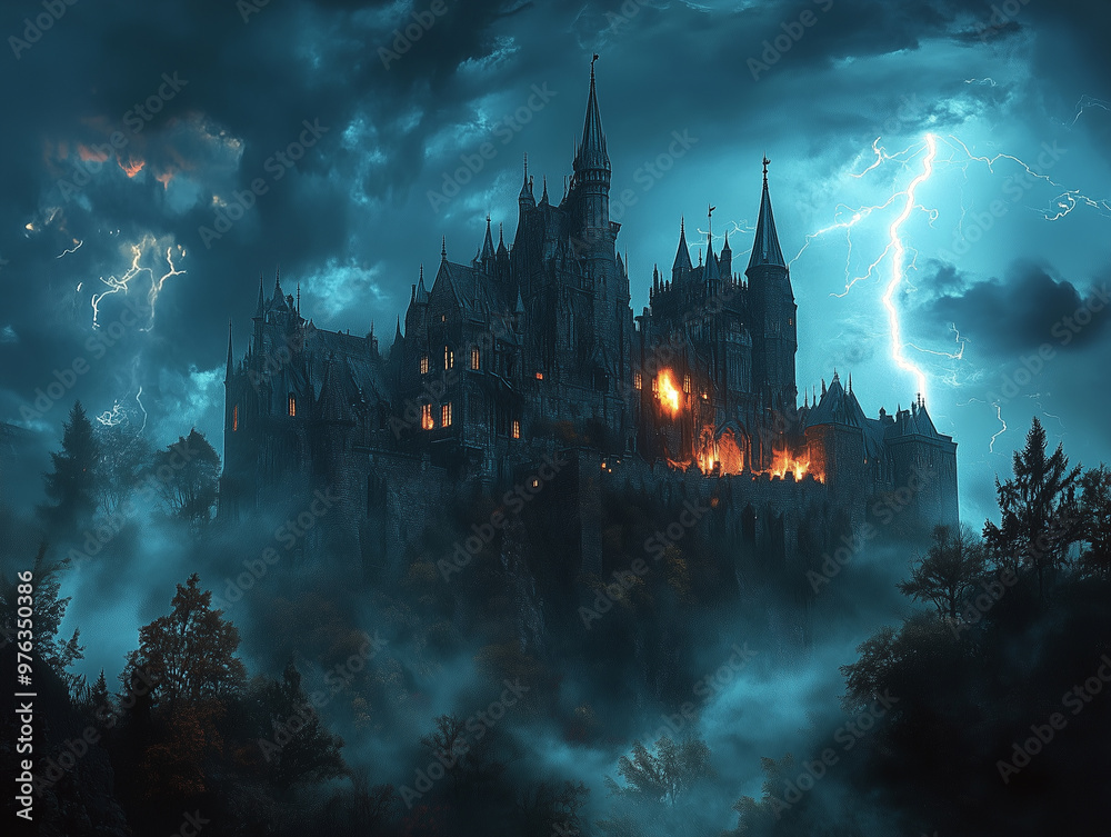 Fototapeta premium Halloween castle in the night. A spooky castle on a hill with lightning striking in the background