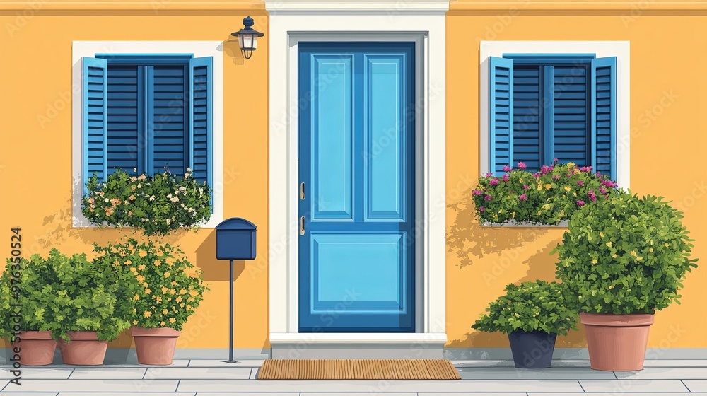 Flat vector illustration of a house exterior featuring a front door a window with closed shutters a doormat and potted plants Depicts the facade of a dwelling building Flat vector illustration of a house exterior featuring a front door a window with closed shutters a doormat and potted plants Depicts the facade of a dwelling building