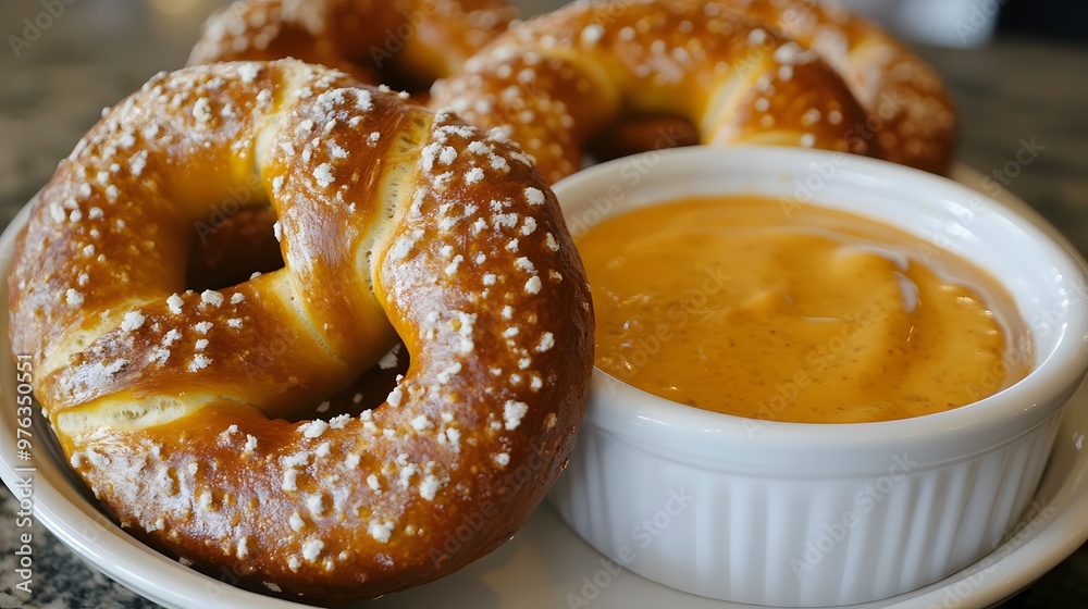 Beer pretzels served with beer cheese dip Beer pretzels served with beer cheese dip