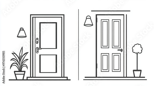 Line and glyph icon of a room door representing interior and home decor in a vector format