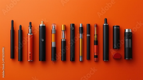 Vibrant arrangement of colorful vape devices alongside assorted fresh fruits on a colorful background photo