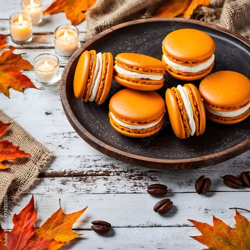 A rustic wooden table features pumpkin macarons and scattered fall leaves, embodying the warmth of Thanksgiving. photo