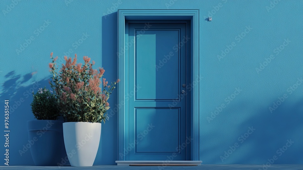 Monochrome 3D rendering of a blue house door depicting a front entrance in a flat color design
