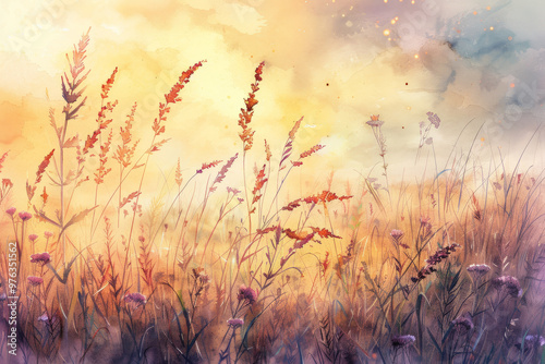 Watercolor illustration of a misty autumn morning in a countryside meadow, with tall grasses and wildflowers bathed in a golden sunrise, soft and atmosphere