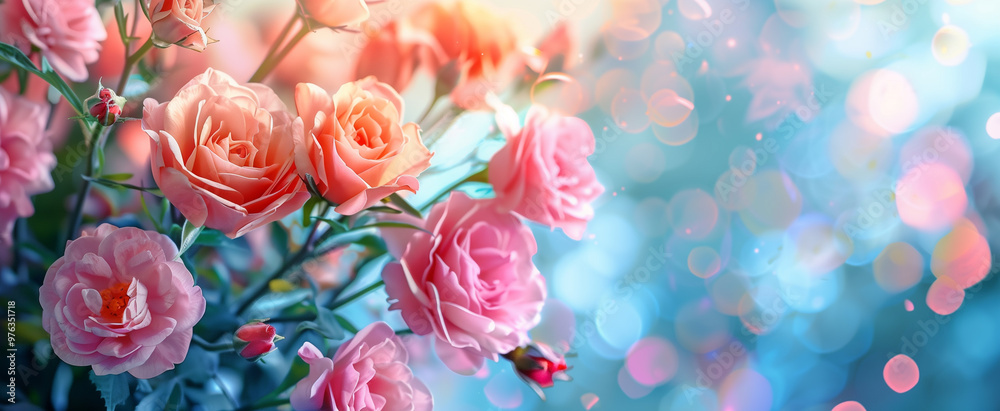 Light background with pink carnations and orange roses, blurred pastel blue background, wedding invitation design Light background with pink carnations and orange roses, blurred pastel blue background, wedding invitation design