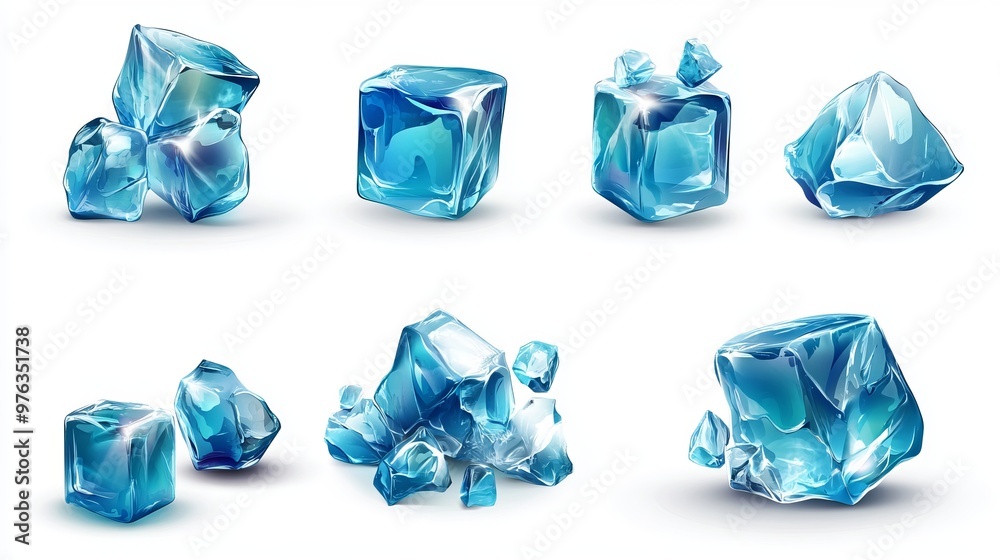 Realistic 3D ice cubes in different angles designed to cool drinks and beverages The set includes transparent frozen blue pieces isolated on a white background Realistic 3D ice cubes in different angles designed to cool drinks and beverages The set includes transparent frozen blue pieces isolated on a white background