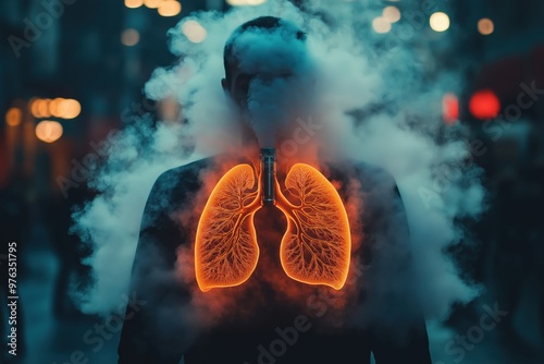 A person exhales smoke, highlighting the lungs with glowing red light vape,evali