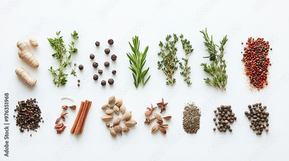 A flatlay of fresh cooking ingredients, arranged on a white sur A flatlay of fresh cooking ingredients, arranged on a white sur