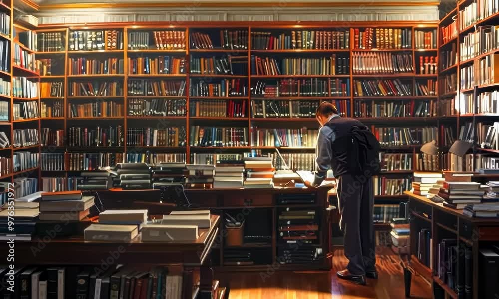Librarian organizing books in a public library, Video Librarian organizing books in a public library, Video