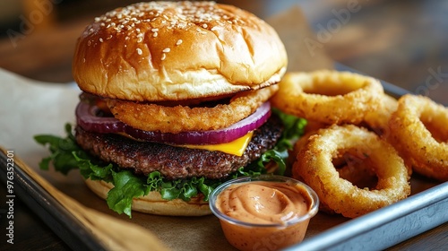 A fast food burger meal with a side of curly fries and a cold drink, ready to enjoy