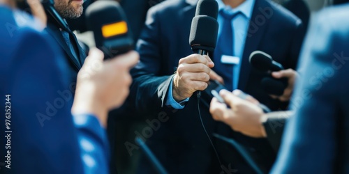 A group of journalists standing in a crowd, each holding a microphone, likely during a press conference or media event, dressed professionally in suits.