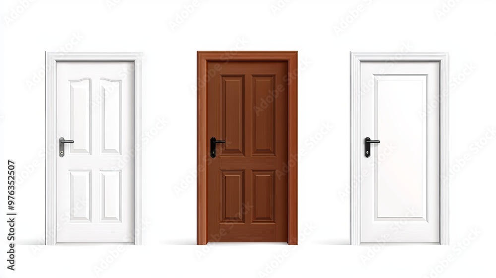 Realistic 3D vector set of open and closed white and brown home and office entry doors representing different apartment doors isolated on a white background Realistic 3D vector set of open and closed white and brown home and office entry doors representing different apartment doors isolated on a white background