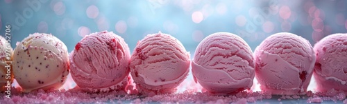 Several scoops of ice cream sit in a row on a table, food background, banner