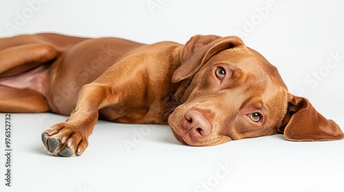 A studio pet portrait of a ginger Hungarian Vizsla—a sad-faced brown dog lying down on a white background.