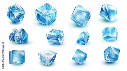 Realistic set of ice cubes in a 3D vector illustration featuring a blue ice collection isolated on a white background