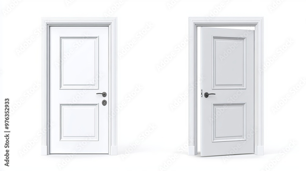 Realistic vector of an open and closed white entrance door isolated on a white background Realistic vector of an open and closed white entrance door isolated on a white background