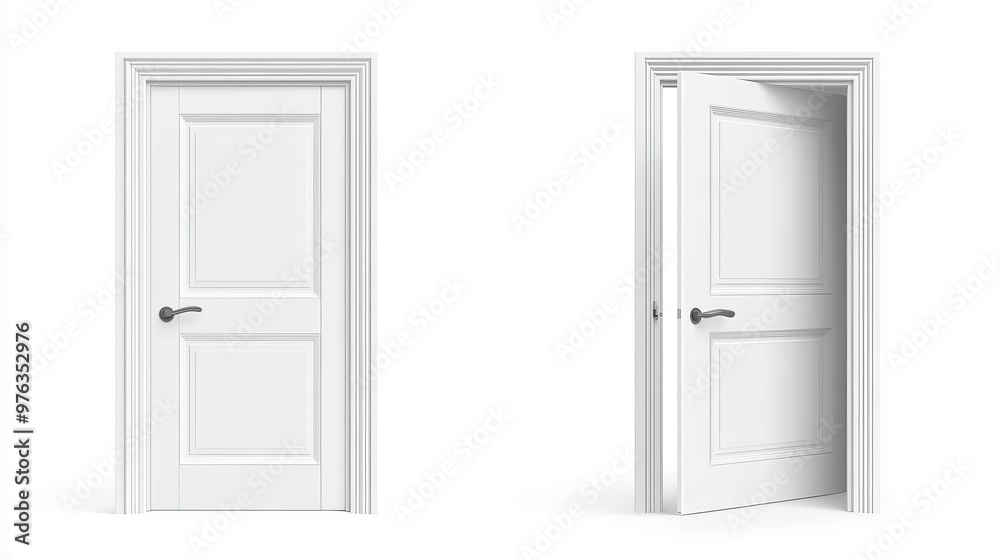 Realistic vector of an open and closed white entrance door isolated on a white background Realistic vector of an open and closed white entrance door isolated on a white background