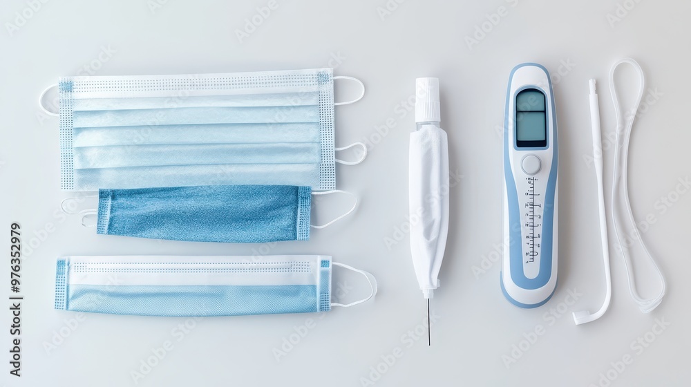 A display featuring a thermometer, multiple face masks, and hand sanitizer on a white surface A display featuring a thermometer, multiple face masks, and hand sanitizer on a white surface