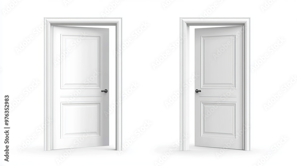 Realistic vector of an open and closed white entrance door isolated on a white background Realistic vector of an open and closed white entrance door isolated on a white background