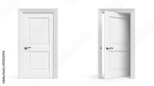 Realistic vector of an open and closed white entrance door isolated on a white background