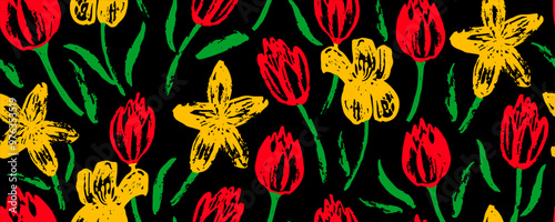 Vector seamless pattern with colorful  tulips, hand drawn  charcoal.  Modern color background. Colorful ink brush texture. Floral vintage seamless pattern. 