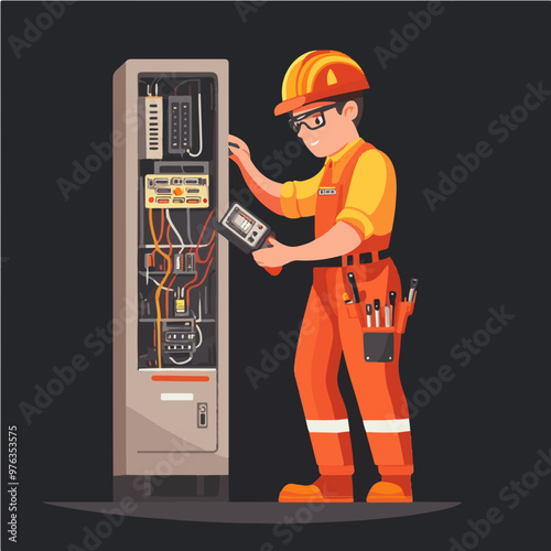 A vector illustration of an electrician testing electrical panels with specialized equipment, symbolizing accuracy and safety in electrical work.