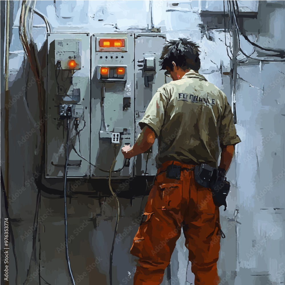 A technician performing maintenance on a large industrial control system. Emphasizes technical skill and detailed maintenance in industrial environments. A technician performing maintenance on a large industrial control system. Emphasizes technical skill and detailed maintenance in industrial environments.