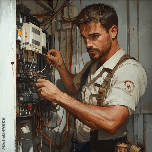 An electrician intensely working on a complex electrical installation in a control room. Highlights expertise and focus in high-stakes electrical setups.