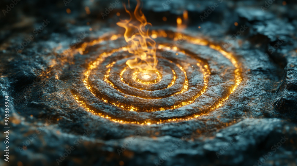 A radiant spiral of glowing fire burns on an ancient stone altar, creating a powerful display of mystical energy and light. A radiant spiral of glowing fire burns on an ancient stone altar, creating a powerful display of mystical energy and light.