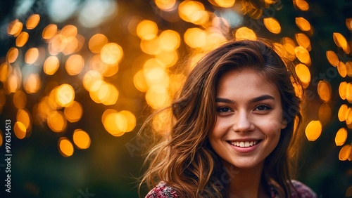 Smiling young woman with long hair poses against a backdrop of glowing lights during an evening event in a park