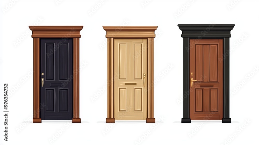 Vector illustration of a set of four realistic wooden doors each in different styles and colors Vector illustration of a set of four realistic wooden doors each in different styles and colors