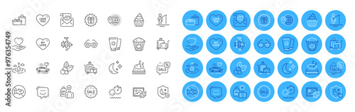 Tanning time, Fishing reel and Surprise gift line icons pack. Love letter, Luggage trolley, World travel web icon. Cupcake, Honeymoon travel, Popcorn pictogram. Hold heart. Color icon buttons. Vector