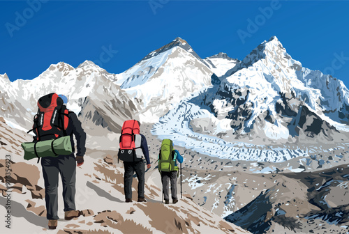 mount Everest, Lhotse peak and Mt Nuptse as seen from Pumori base camp with three hikers, climbers, mountaineers, vectors illustration, Mt Everest 8,848 m, Khumbu valley, Nepal Himalayas mountains