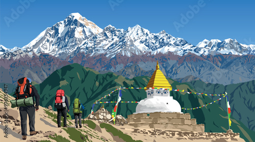Mount Dhaulagiri peak and buddhist stupa or chorten with prayer flags and three hikers climbers travelers tourists or mountaineers, Buddhism in Nepal himalayas mountains
