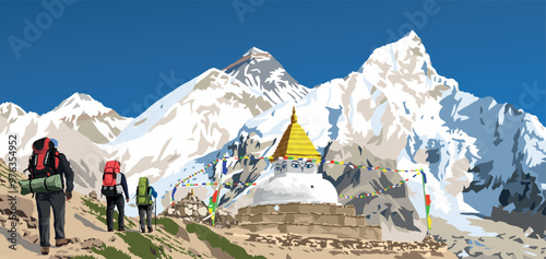 mount Everest and Nuptse as seen from Kala Patthar with three hikers and bubbhist stupa, vector illustration, Mt Everest 8,848 m, Khumbu valley, Nepal Himalayas mountains photo