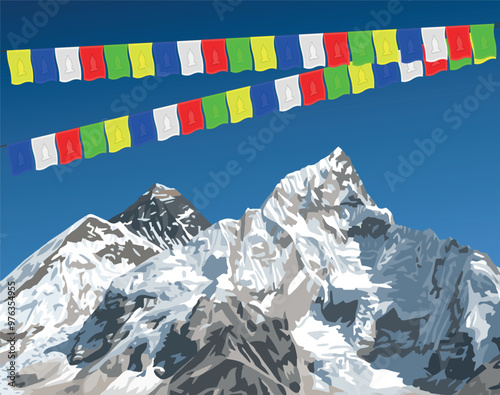 mount Everest and Nuptse peak with prayer flags as seen from Kala Patthar, vector illustration, Mt Everest 8,848 m, Khumbu valley, Sagarmatha national park, Nepal Himalayas mountains