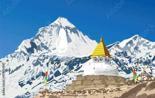 Mount Dhaulagiri peak and buddhist stupa or chorten with prayer flags, Buddhism in Nepal himalayas mountains