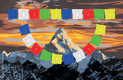 mount Ama Dablam peak with beautiful sunset sky and buddhist prayer flags, vector illustration, Khumbu valley, Sagarmatha national park, Everest area, Nepal Himalayas mountains