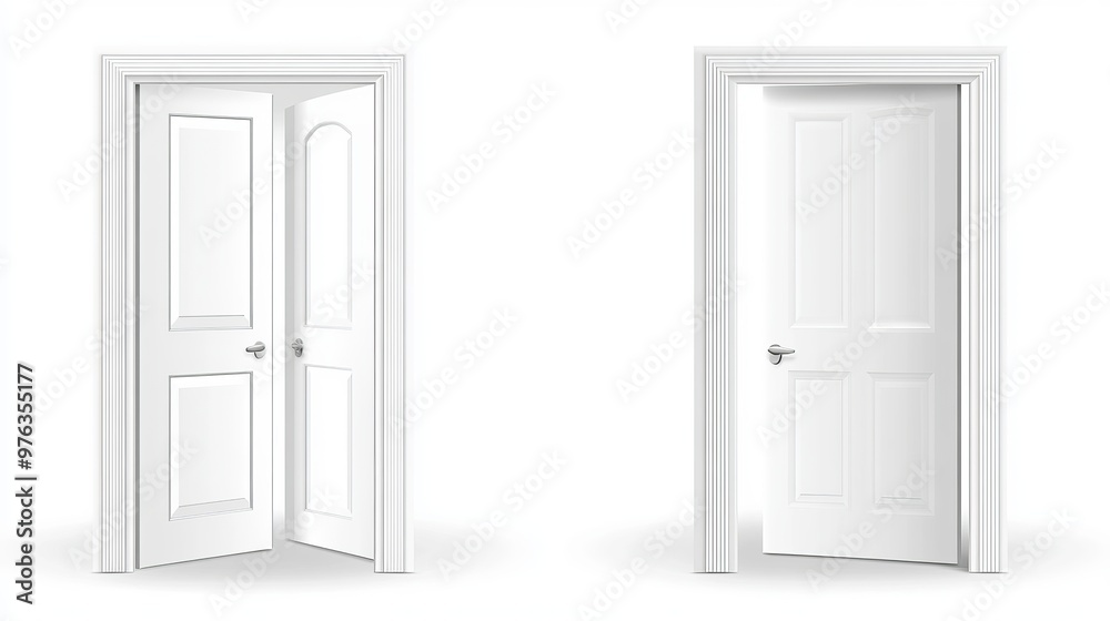 Vector illustration of realistic open and closed white entrance doors Vector illustration of realistic open and closed white entrance doors