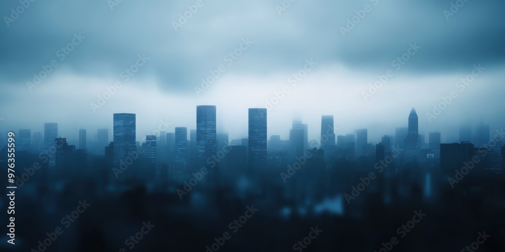A cityscape image featuring tall buildings shrouded in a thick, blue-tinted mist, presenting a gloomy and mysterious atmosphere with early morning or evening light. A cityscape image featuring tall buildings shrouded in a thick, blue-tinted mist, presenting a gloomy and mysterious atmosphere with early morning or evening light.