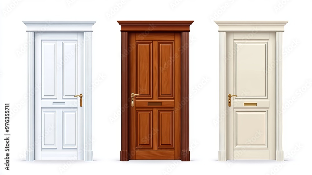 Vector set of realistic 3D wooden home and office entry doors shown in white and brown colors isolated on a white background Vector set of realistic 3D wooden home and office entry doors shown in white and brown colors isolated on a white background