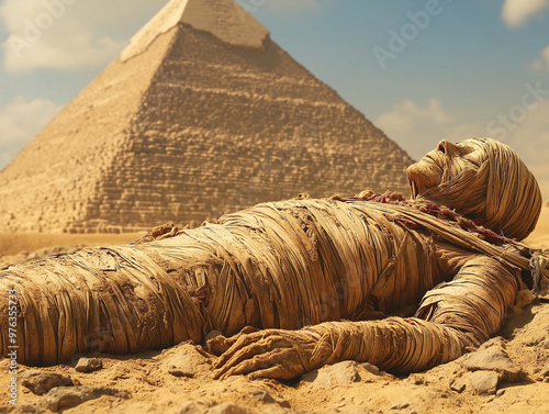 A mummy slowly unraveling in front of a pyramid photo