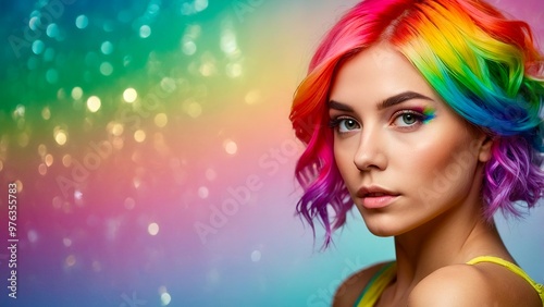 Young woman with vibrant rainbow hair smiles brightly against a colorful background in a cheerful indoor setting