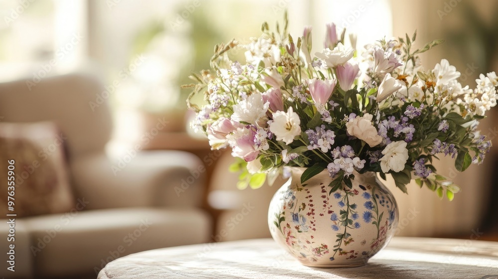 A close-up of a decorative vase filled with fresh flowers on a table A close-up of a decorative vase filled with fresh flowers on a table
