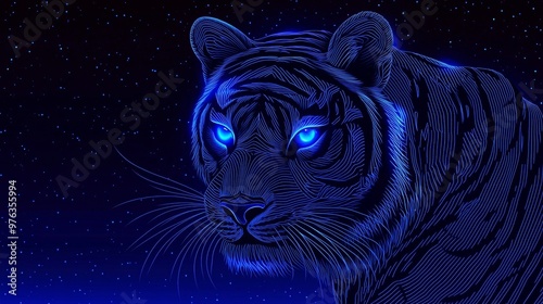 Modern representation of a tiger's head resembling a starry sky, created by combining points, lines, and shapes that resemble planets, stars, and the universe.