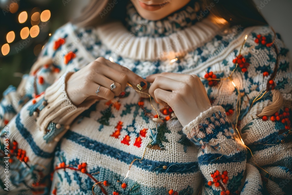 Fototapeta premium Cozy Holiday Vibes: A Close-Up of a Festive Sweater with Decorative Details