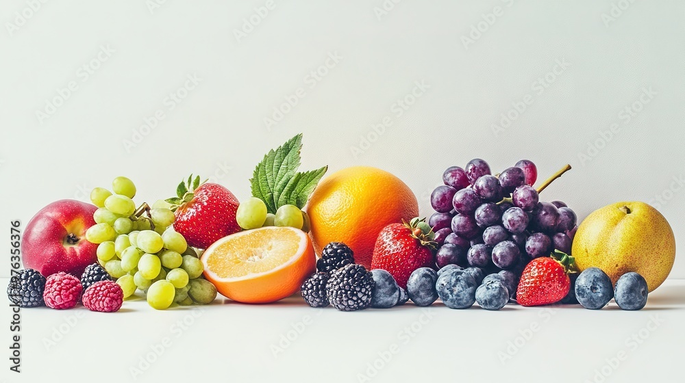 A close-up of sliced exotic fruits, arranged on a white background A close-up of sliced exotic fruits, arranged on a white background