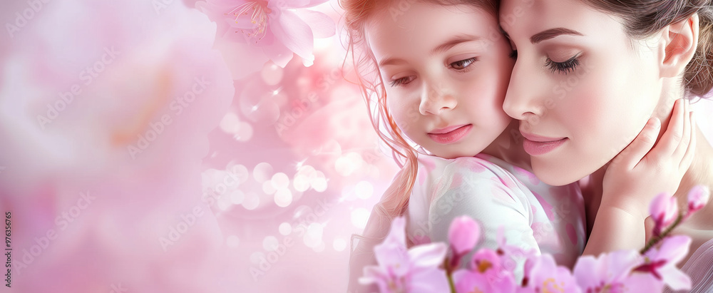 Fototapeta premium Happy mother's day, mum and daughter snuggling and kissing, holding bouquet of pink flowers 